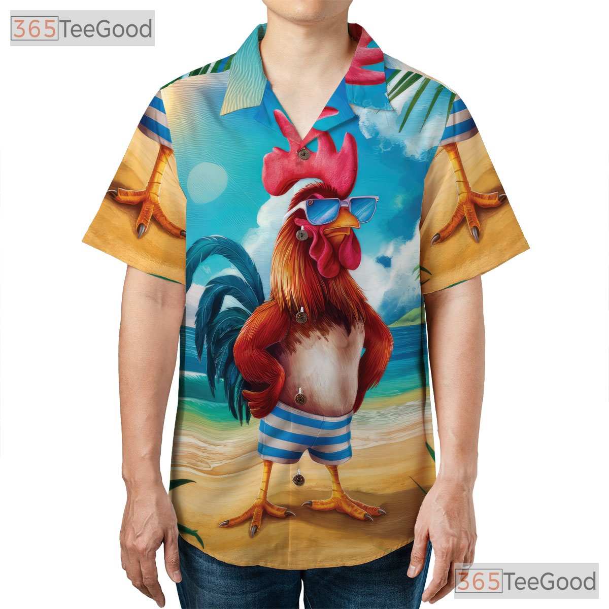 Funny Rooster Beach Sunset Animal Print Hawaiian Tee Unisex Vacation Outfit