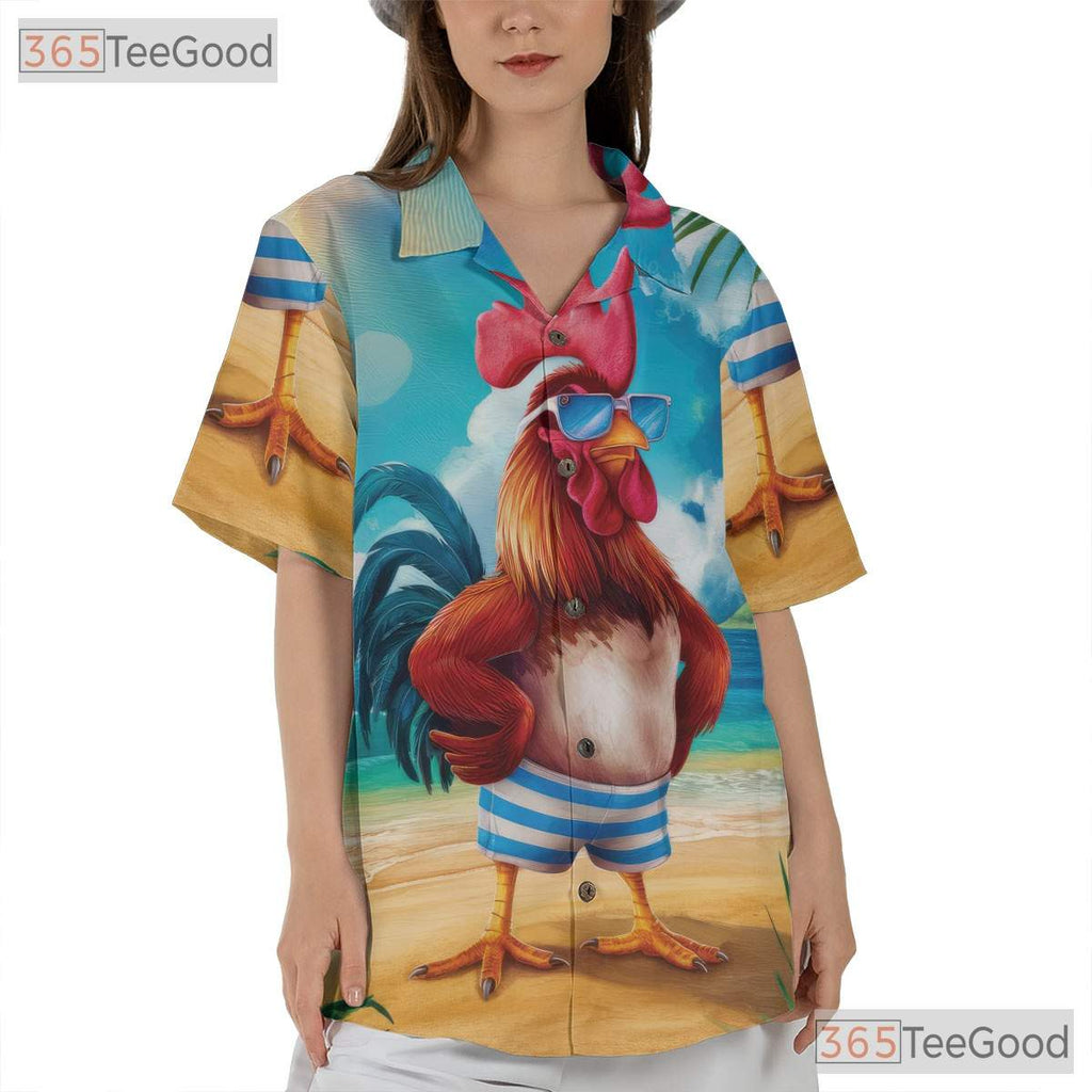 Funny Rooster Beach Sunset Animal Print Hawaiian Tee Unisex Vacation Outfit