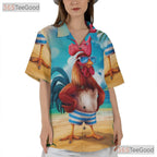 Funny Rooster Beach Sunset Animal Print Hawaiian Tee Unisex Vacation Outfit