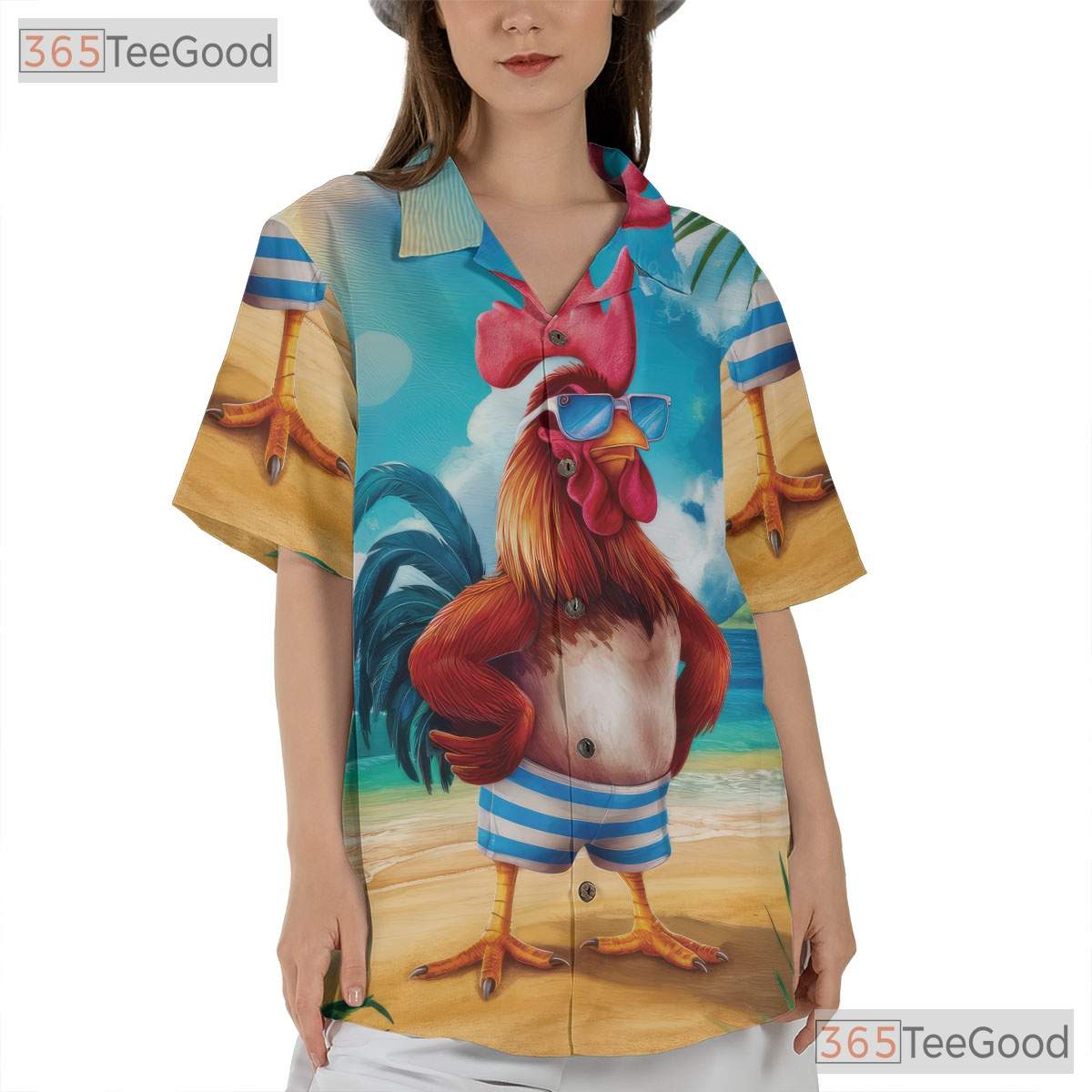 Funny Rooster Beach Sunset Animal Print Hawaiian Tee Unisex Vacation Outfit