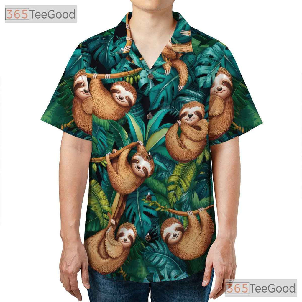 Funny Sloth Hawaiian Shirt - Women's Tropical Jungle Animal Print Tee