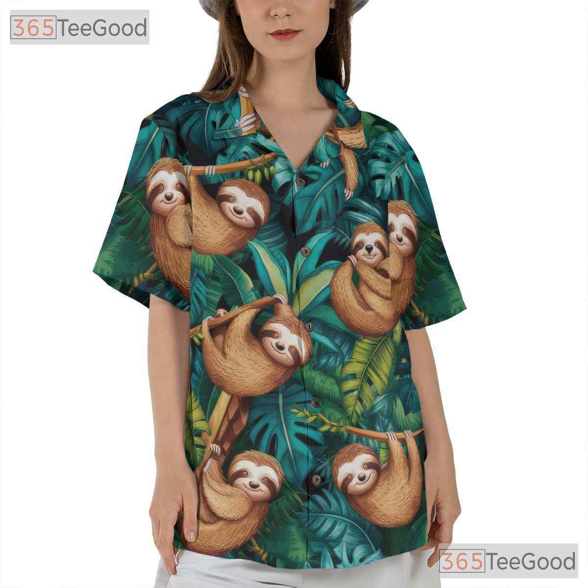 Funny Sloth Hawaiian Shirt - Women's Tropical Jungle Animal Print Tee