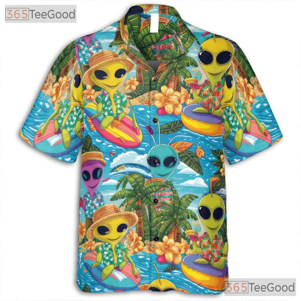Funny Surfing Extraterrestrial Alien Hawaiian Shirt Unisex Beach Aloha Pattern