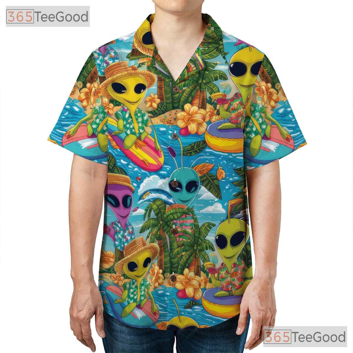 Funny Surfing Extraterrestrial Alien Hawaiian Shirt Unisex Beach Aloha Pattern