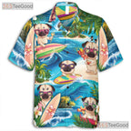 Funny Surfing Pug Dogs Tropical Summer Vibes Hawaiian Tee Unisex Aloha Top