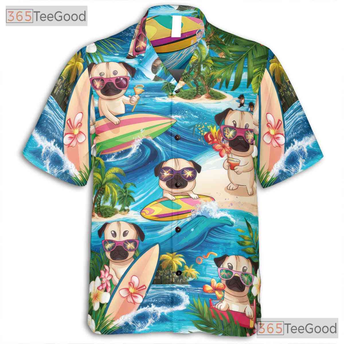Funny Surfing Pug Dogs Tropical Summer Vibes Hawaiian Tee Unisex Aloha Top