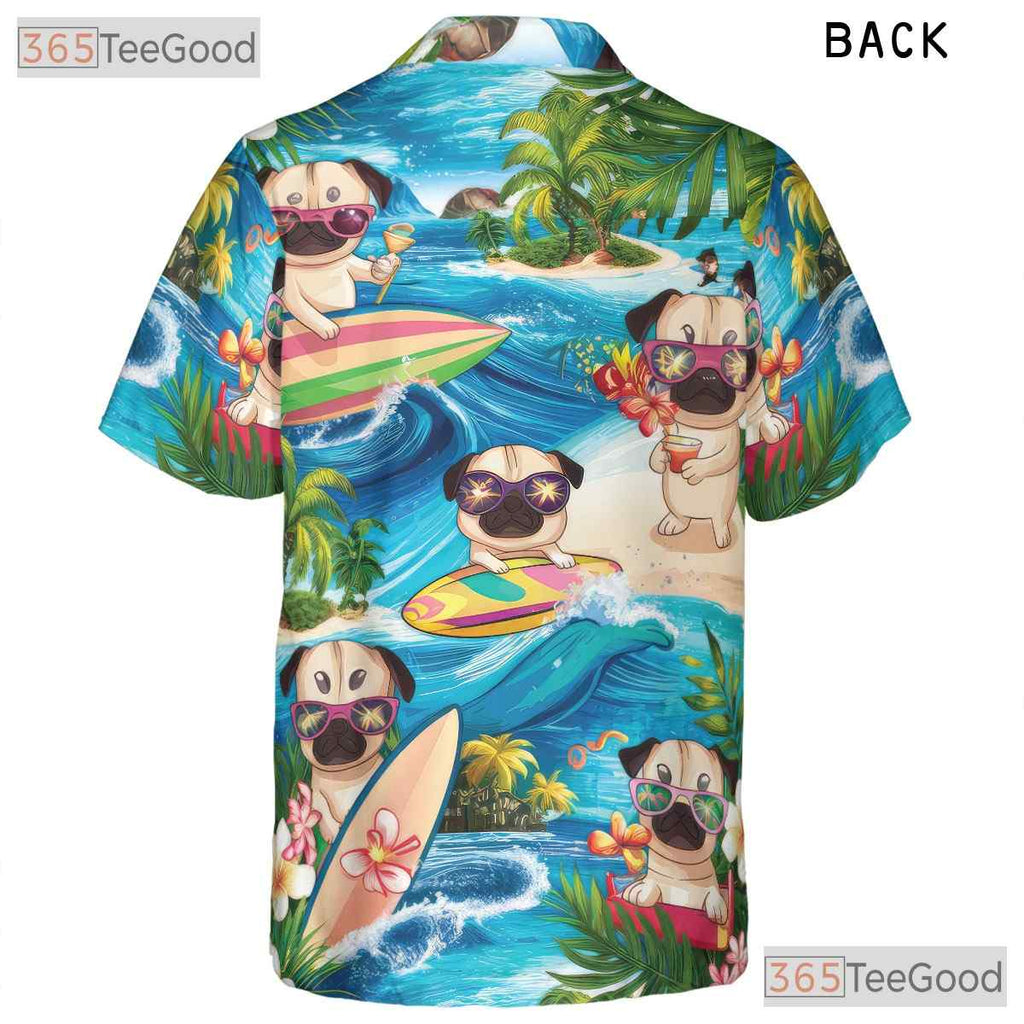Funny Surfing Pug Dogs Tropical Summer Vibes Hawaiian Tee Unisex Aloha Top