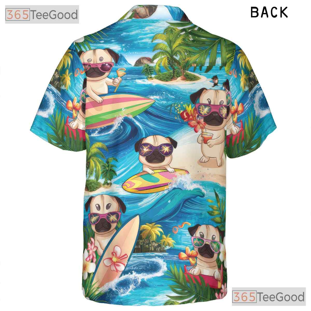 Funny Surfing Pug Dogs Tropical Summer Vibes Hawaiian Tee Unisex Aloha Top