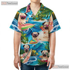 Funny Surfing Pug Dogs Tropical Summer Vibes Hawaiian Tee Unisex Aloha Top
