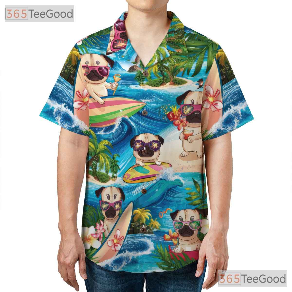 Funny Surfing Pug Dogs Tropical Summer Vibes Hawaiian Tee Unisex Aloha Top