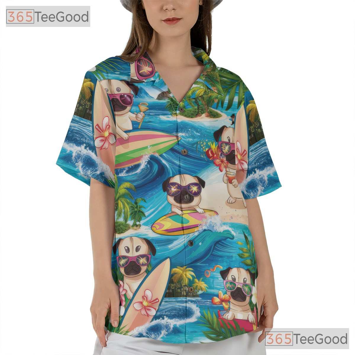 Funny Surfing Pug Dogs Tropical Summer Vibes Hawaiian Tee Unisex Aloha Top