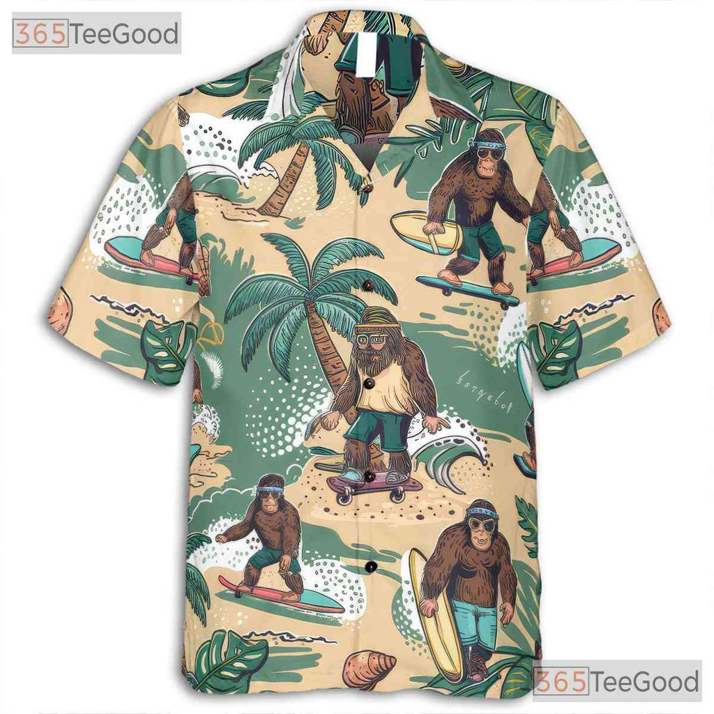 Funny Surfing Sasquatch Bigfoot Hawaiian Tee Unisex Tropical Beach Party Outfit