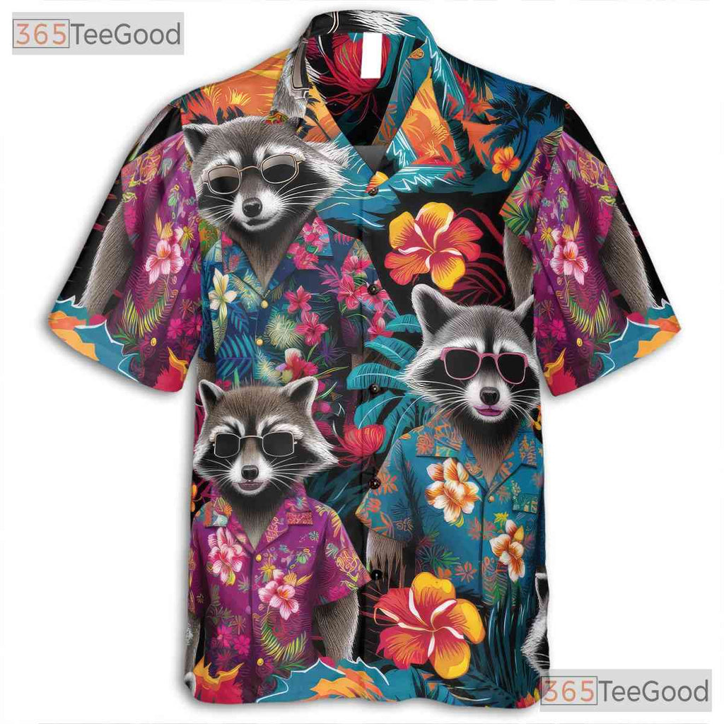 Funny Tropical Raccoon Floral Aloha Animal Hawaiian Tee Unisex Men Women Outfit