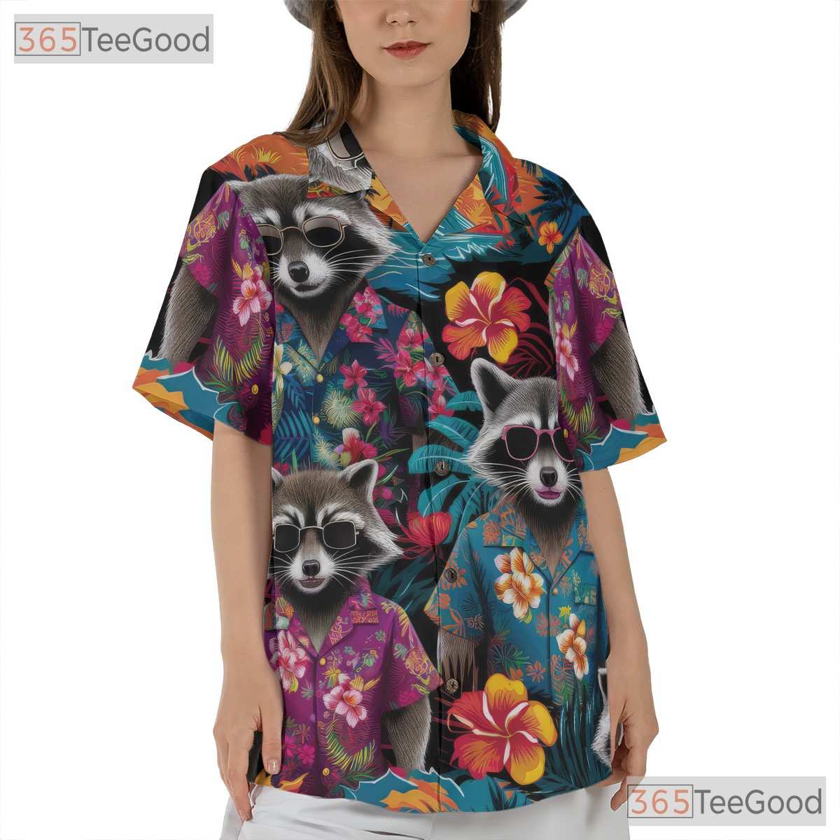 Funny Tropical Raccoon Floral Aloha Animal Hawaiian Tee Unisex Men Women Outfit