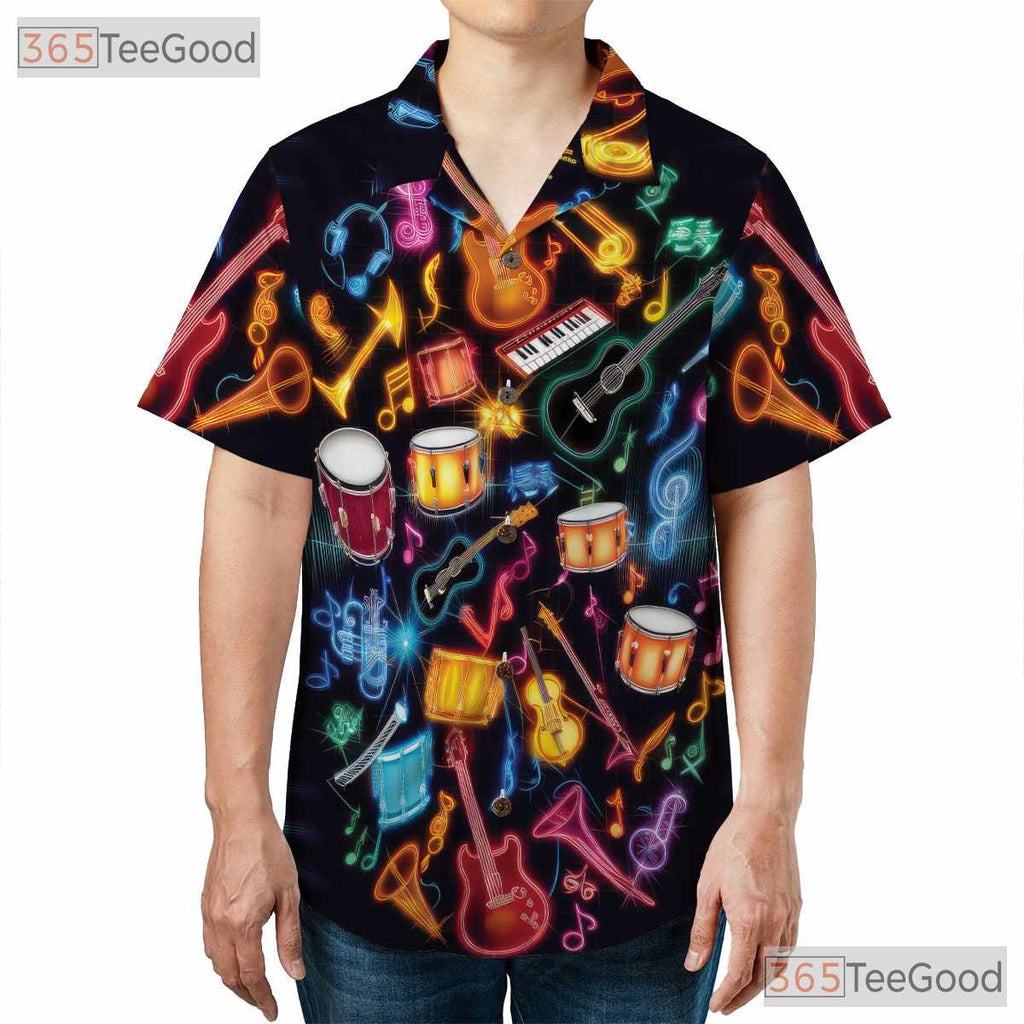 Glow In The Dark Neon Music Guitar Drum Aloha Party Hawaiian Shirt Unisex