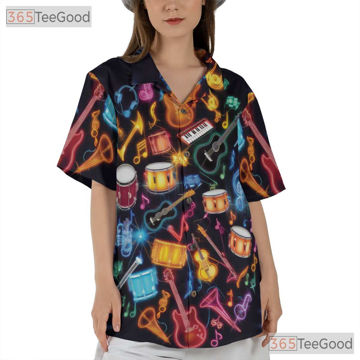 Glow In The Dark Neon Music Guitar Drum Aloha Party Hawaiian Shirt Unisex