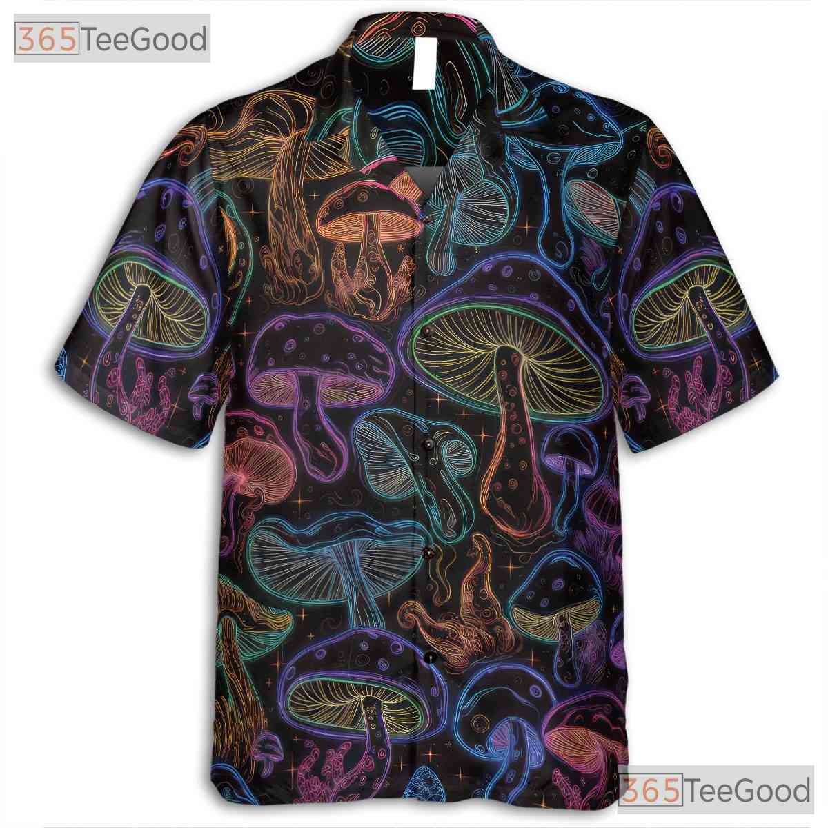 Glow-in-the-Dark Mushroom Hawaiian Shirt for Men - Trippy Neon Fantasy Tee