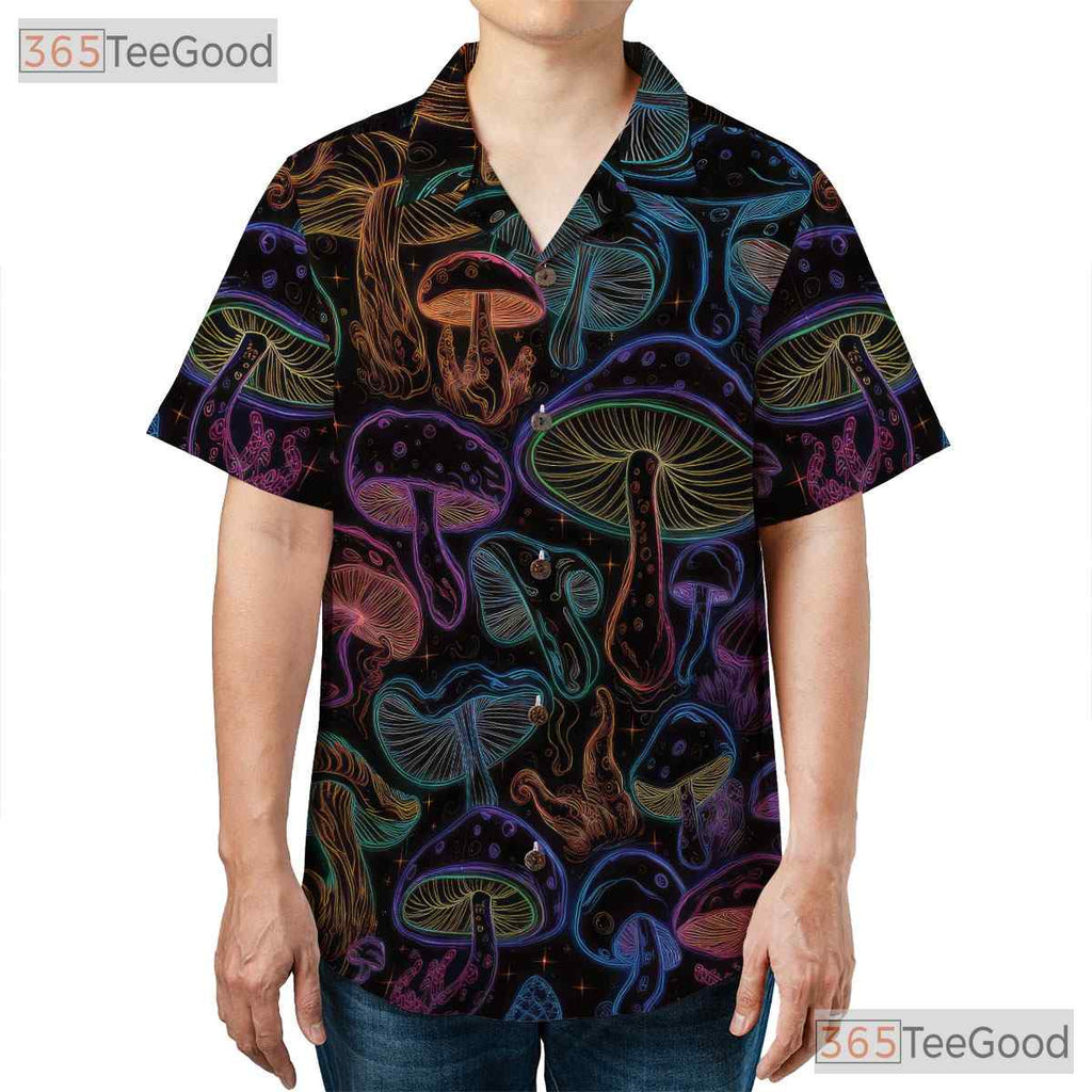 Glow-in-the-Dark Mushroom Hawaiian Shirt for Men - Trippy Neon Fantasy Tee