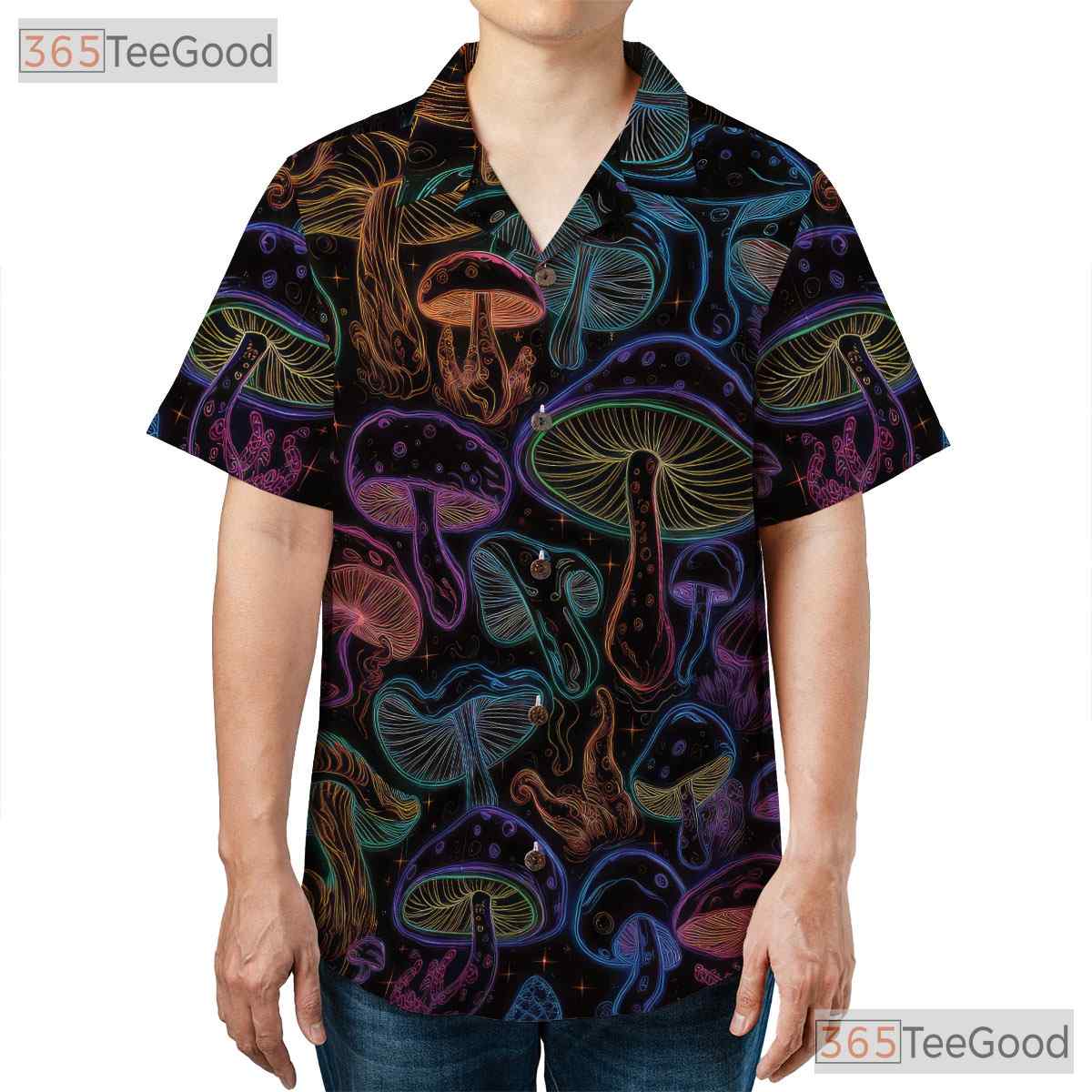 Glow-in-the-Dark Mushroom Hawaiian Shirt for Men - Trippy Neon Fantasy Tee