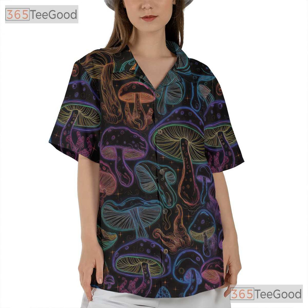 Glow-in-the-Dark Mushroom Hawaiian Shirt for Men - Trippy Neon Fantasy Tee