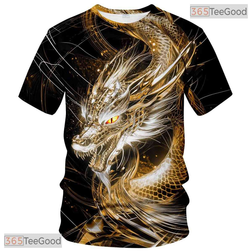 Gold Mythical Dragon Funny Graphic Novelty 3D Printed Casual Unisex Tee Shirt Top