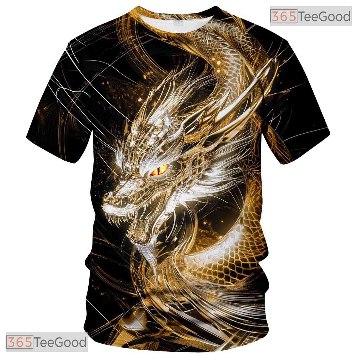 Gold Mythical Dragon Funny Graphic Novelty 3D Printed Casual Unisex Tee Shirt Top