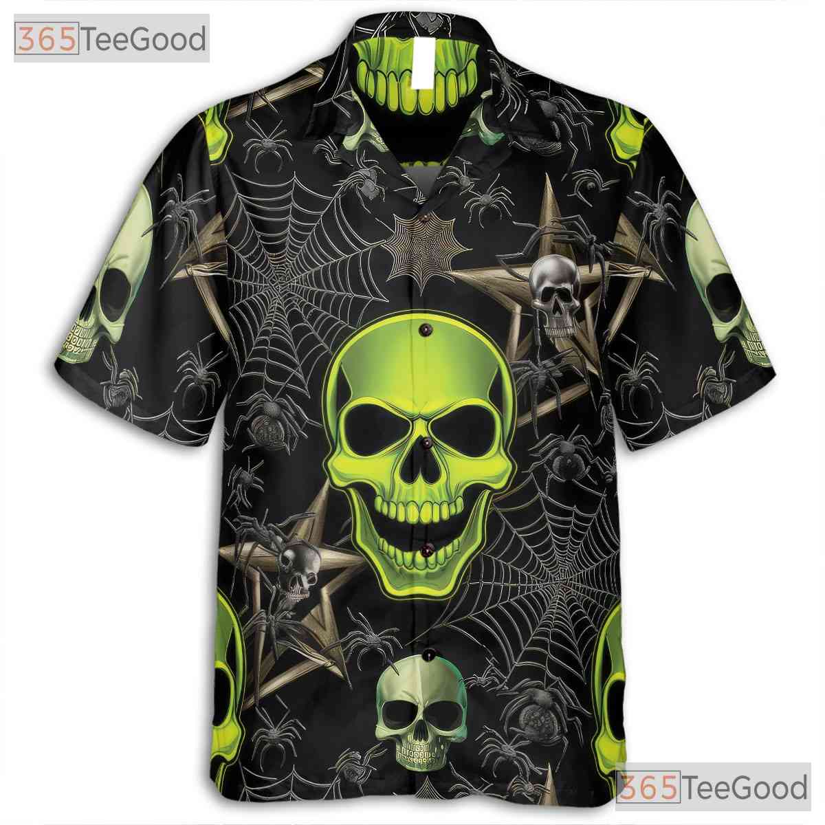 Gothic Green Skull Spider Web Halloween Hawaiian Tee Unisex Aloha Party Outfit