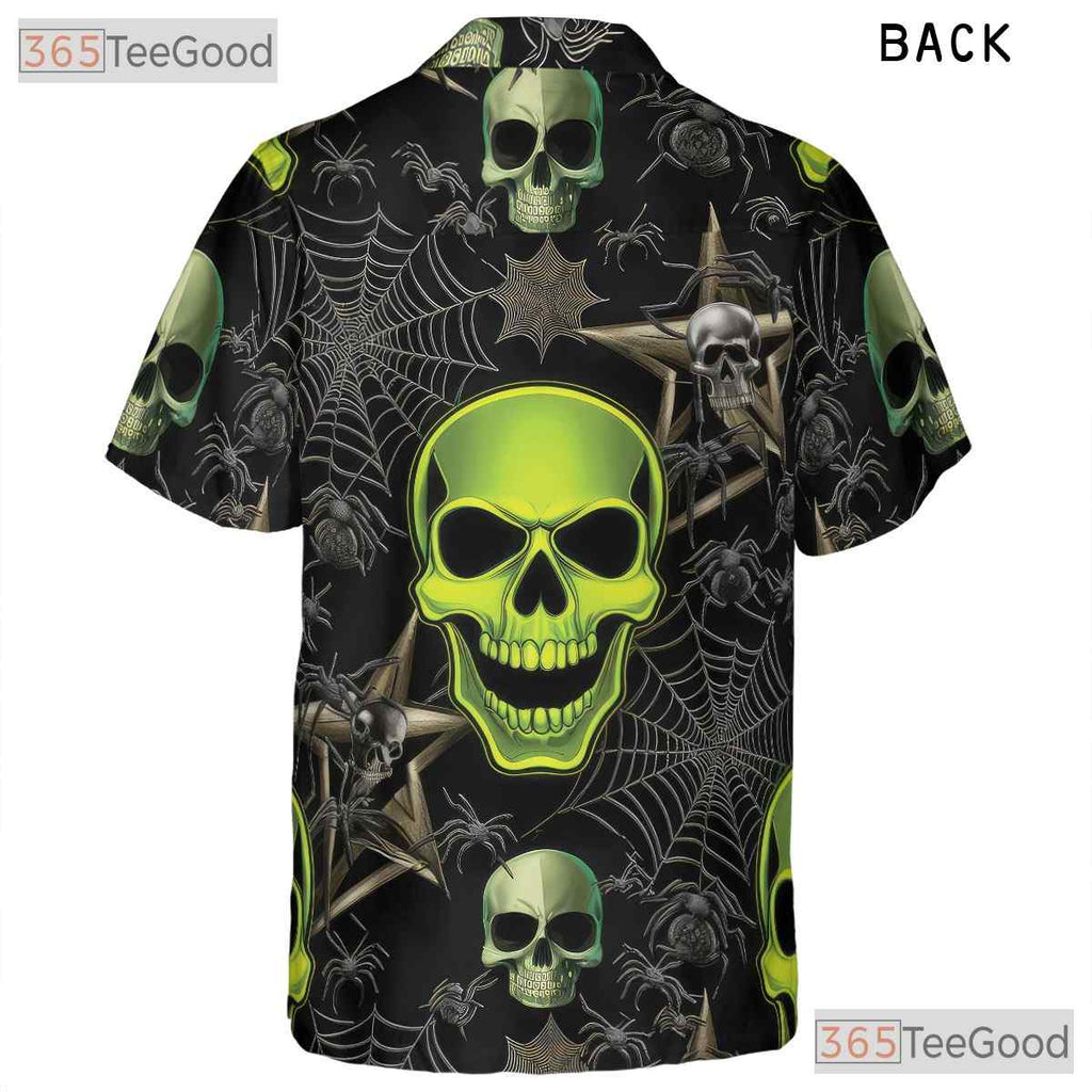 Gothic Green Skull Spider Web Halloween Hawaiian Tee Unisex Aloha Party Outfit