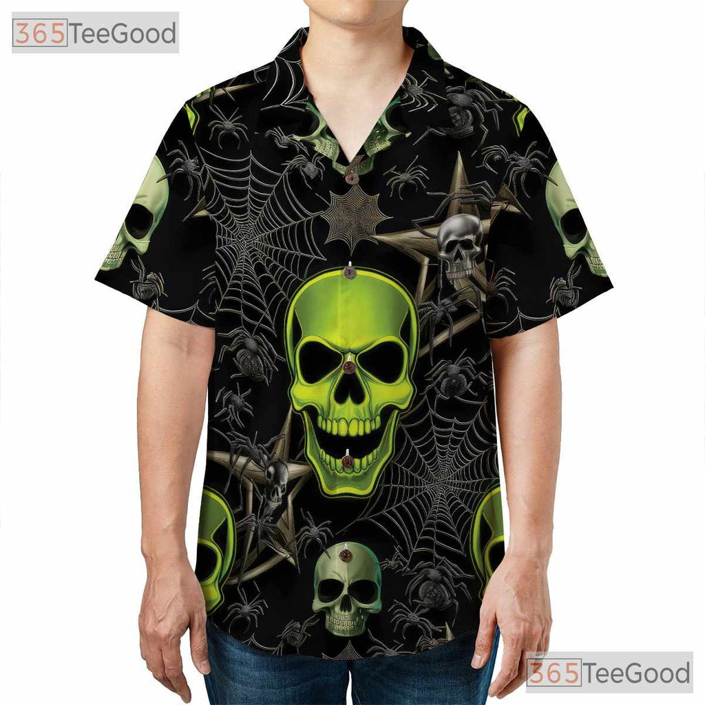 Gothic Green Skull Spider Web Halloween Hawaiian Tee Unisex Aloha Party Outfit