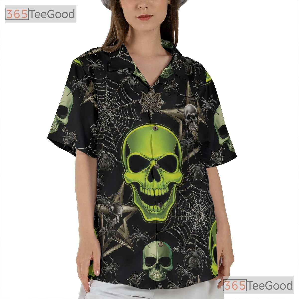 Gothic Green Skull Spider Web Halloween Hawaiian Tee Unisex Aloha Party Outfit