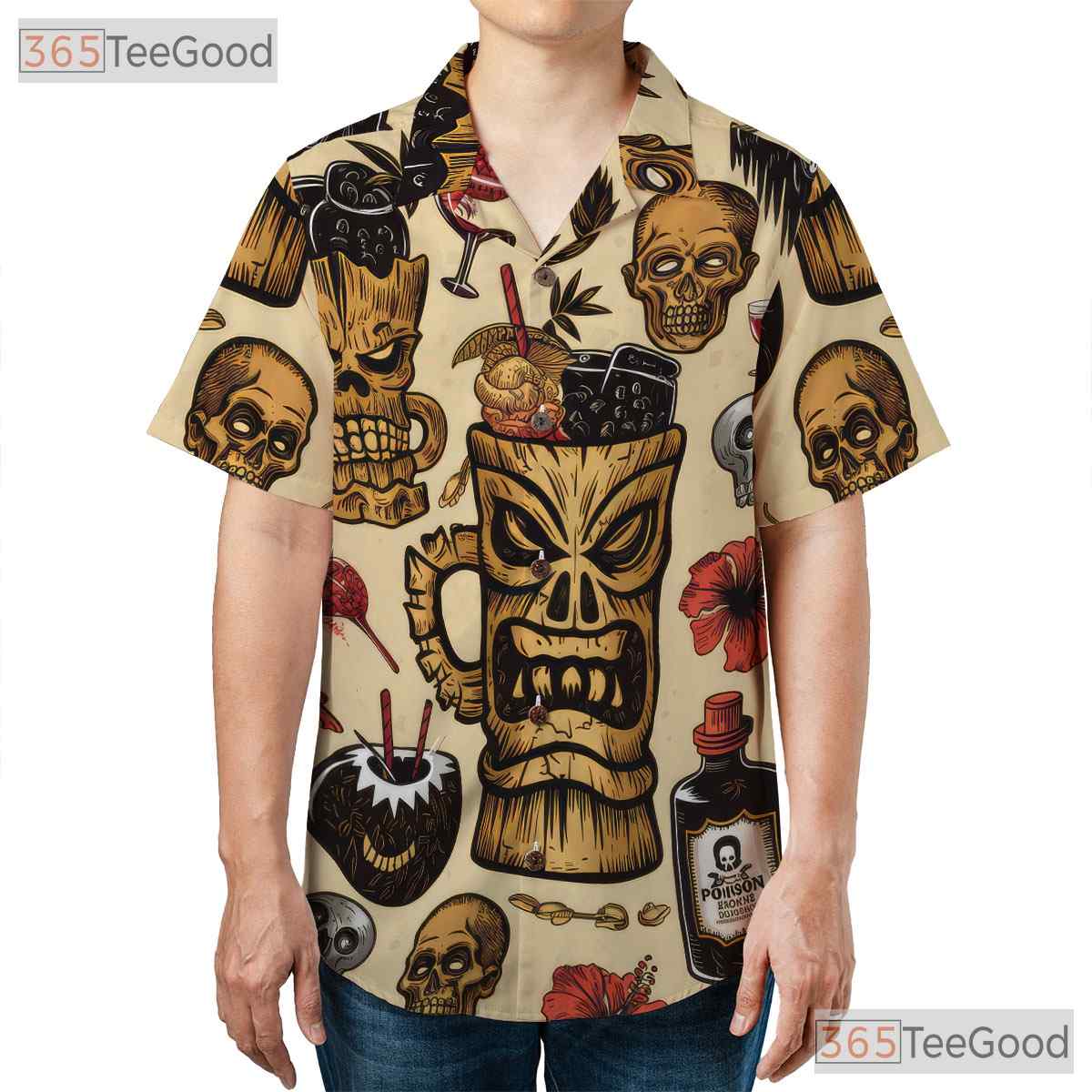 Gothic Horror Tiki Hawaiian Shirt for Men - Retro Halloween Cocktail Tee