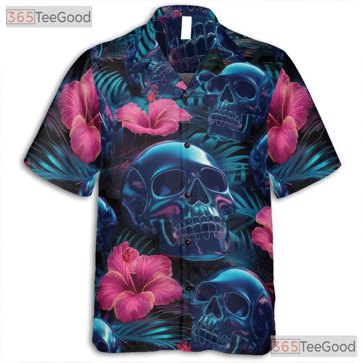 Gothic Neon Skull Aloha Shirt for Men & Women, Dark Tropical Button Down