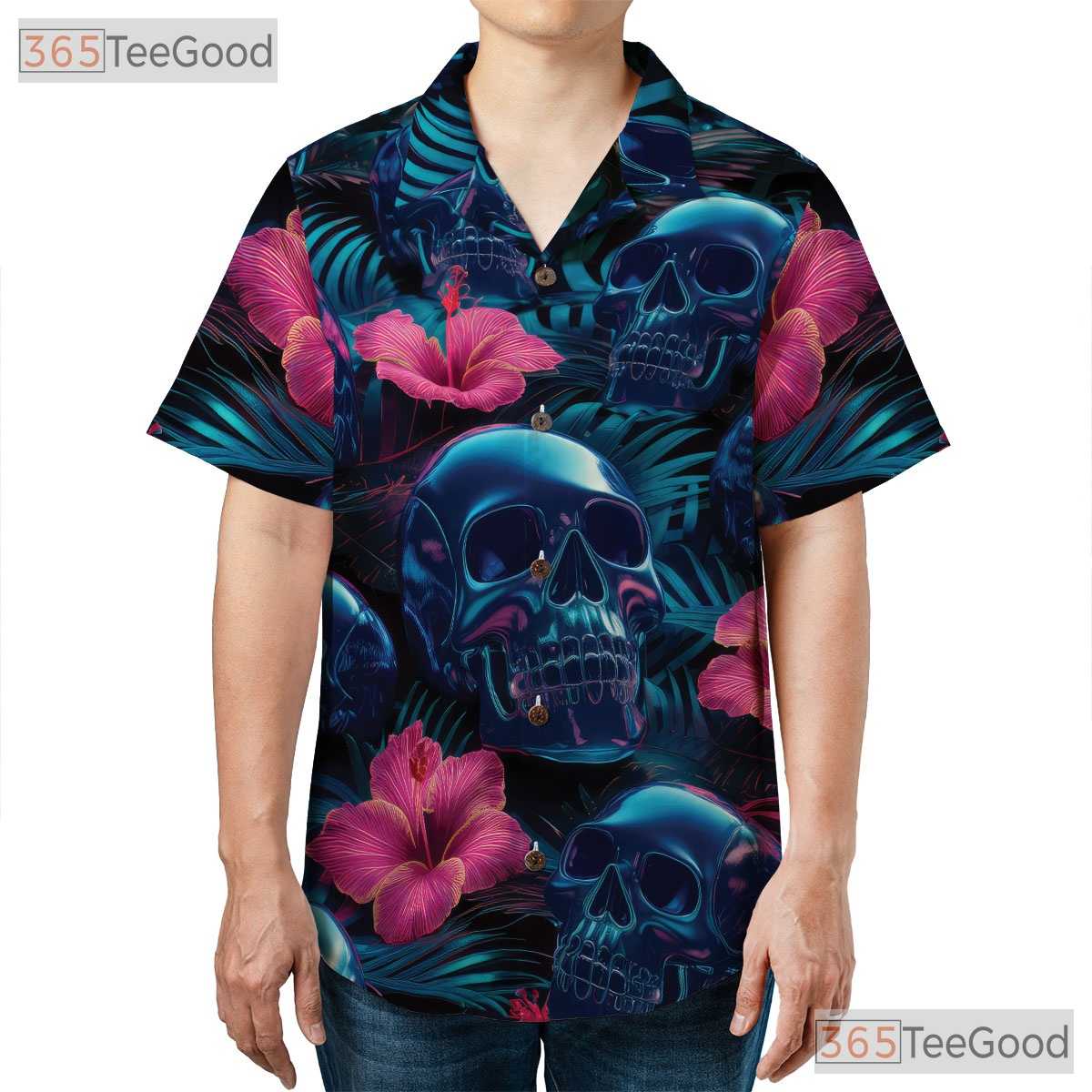 Gothic Neon Skull Aloha Shirt for Men & Women, Dark Tropical Button Down