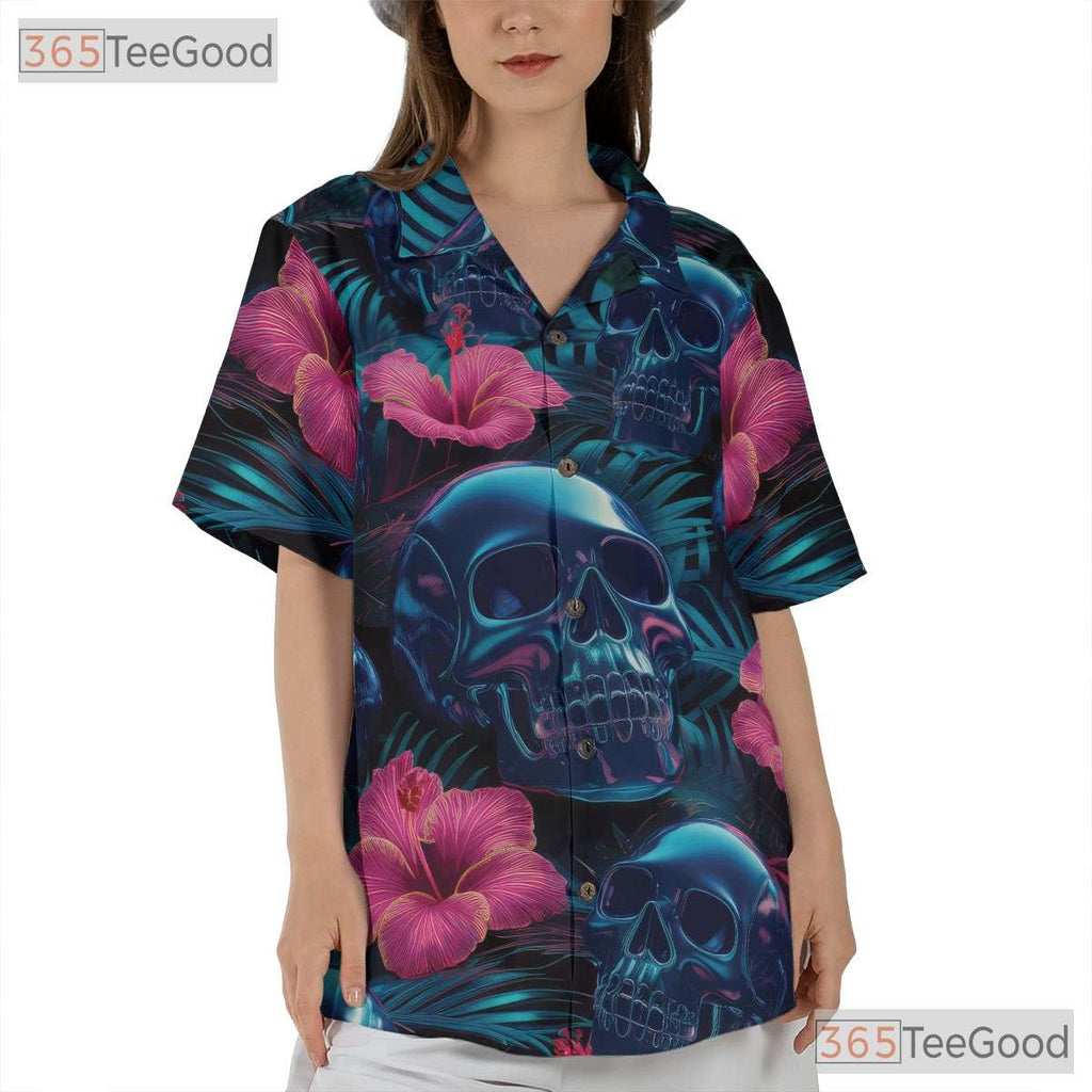 Gothic Neon Skull Aloha Shirt for Men & Women, Dark Tropical Button Down