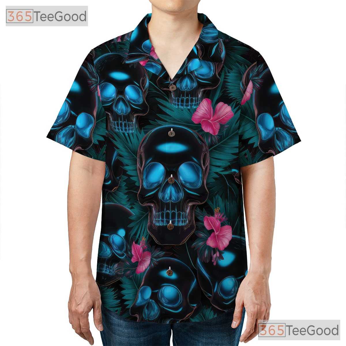 Gothic Neon Skull Hawaiian Shirt Unisex, Dark Tropical Aloha Top