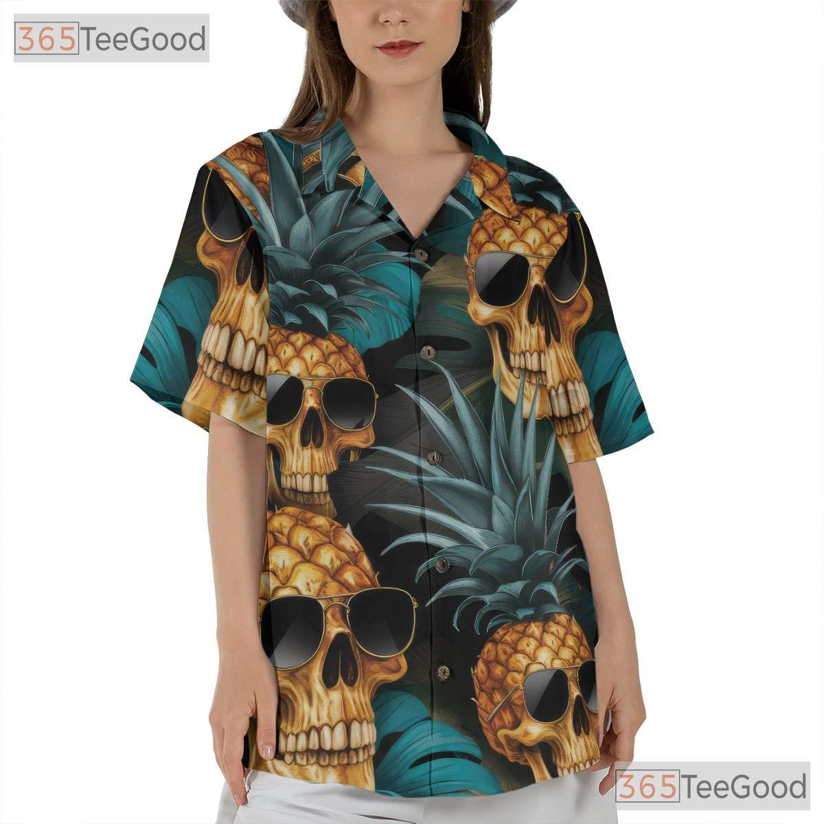 Gothic Pineapple Skull Hawaiian Tee Unisex Summer Beach Festival Aloha Top