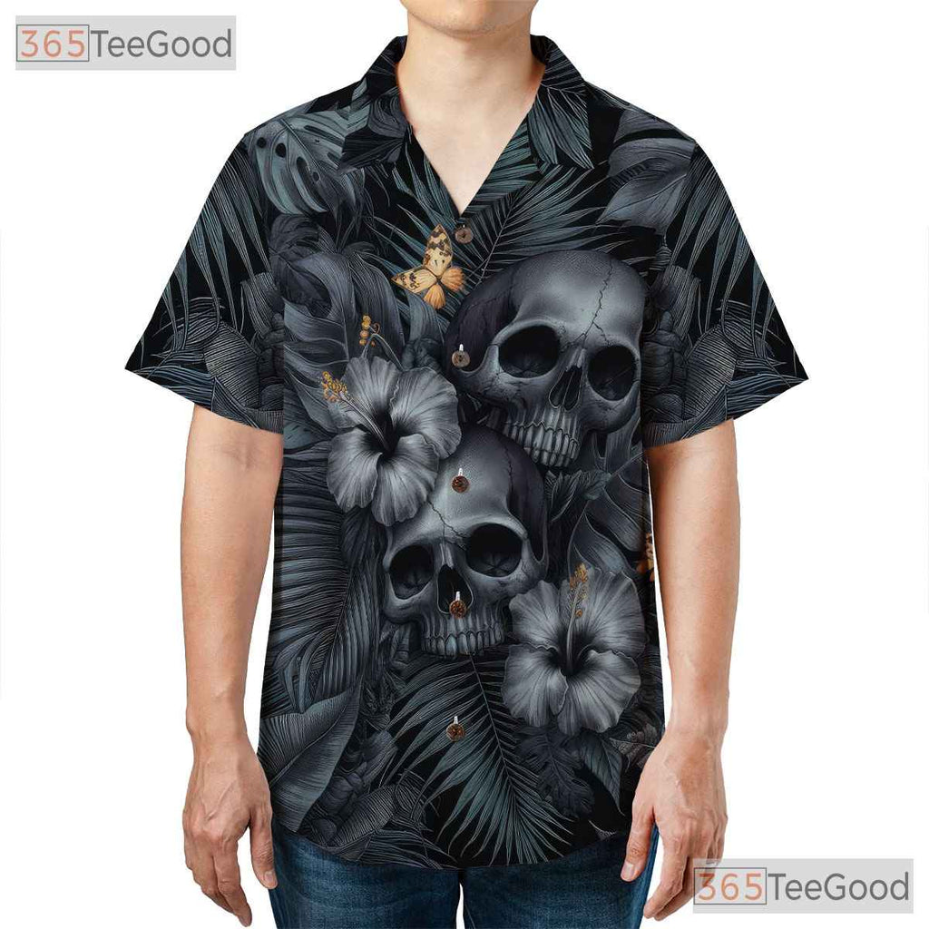 Gothic Skull Hawaiian Shirt for Men - Punk Rock Floral Grunge Aesthetic
