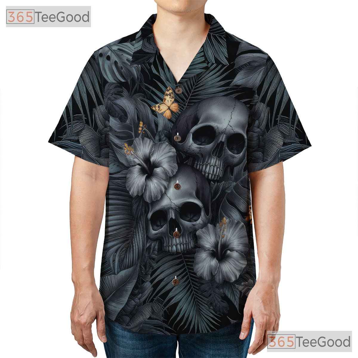Gothic Skull Hawaiian Shirt for Men - Punk Rock Floral Grunge Aesthetic