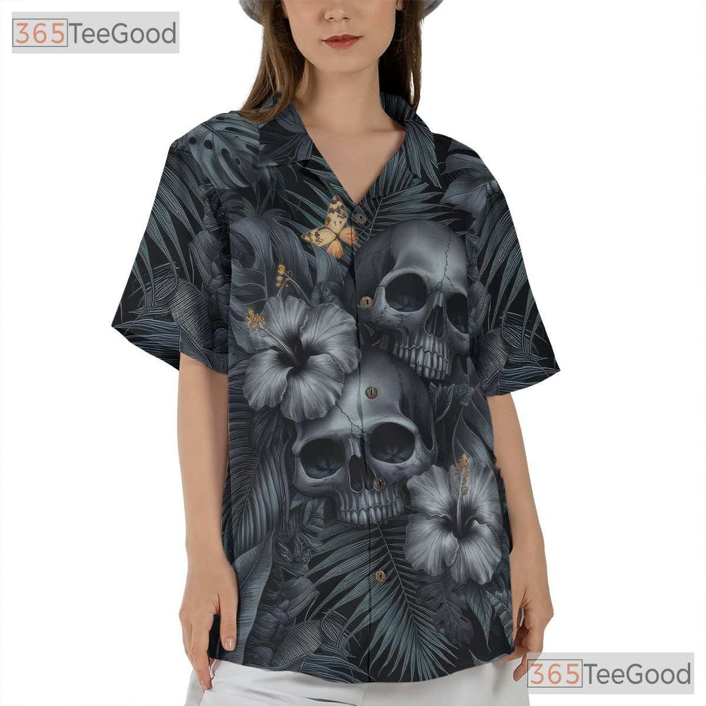 Gothic Skull Hawaiian Shirt for Men - Punk Rock Floral Grunge Aesthetic