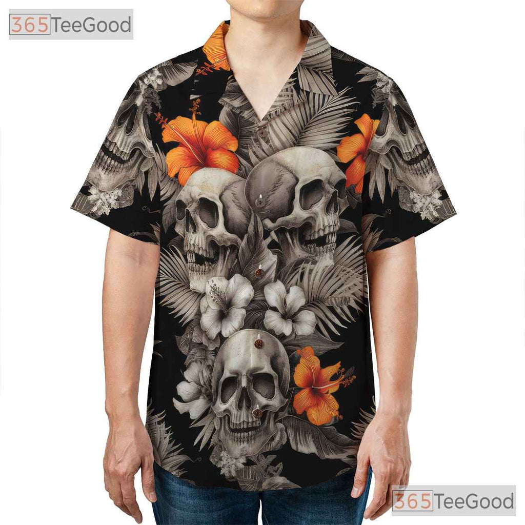 Gothic Skull Hawaiian Shirt for Women - Dark Floral Vintage Beachwear