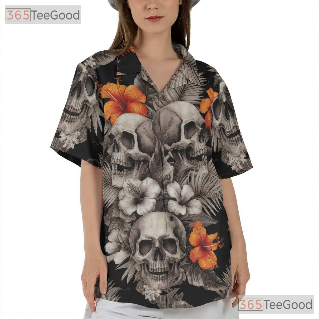 Gothic Skull Hawaiian Shirt for Women - Dark Floral Vintage Beachwear