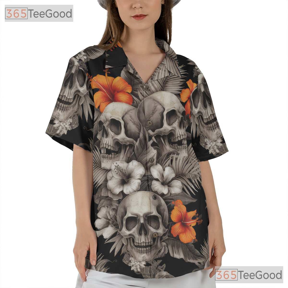 Gothic Skull Hawaiian Shirt for Women - Dark Floral Vintage Beachwear