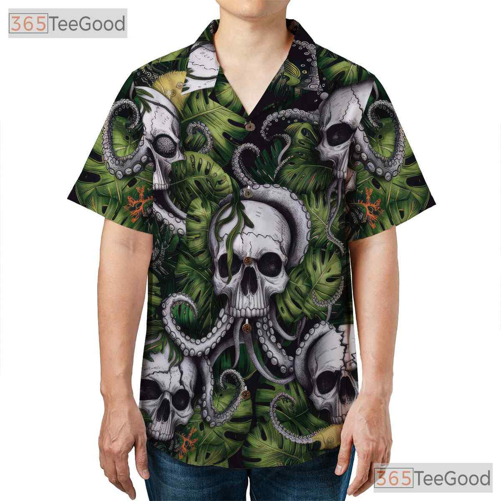 Gothic Skull Octopus Sea Monster Horror Print Hawaiian Tee Unisex Festival
