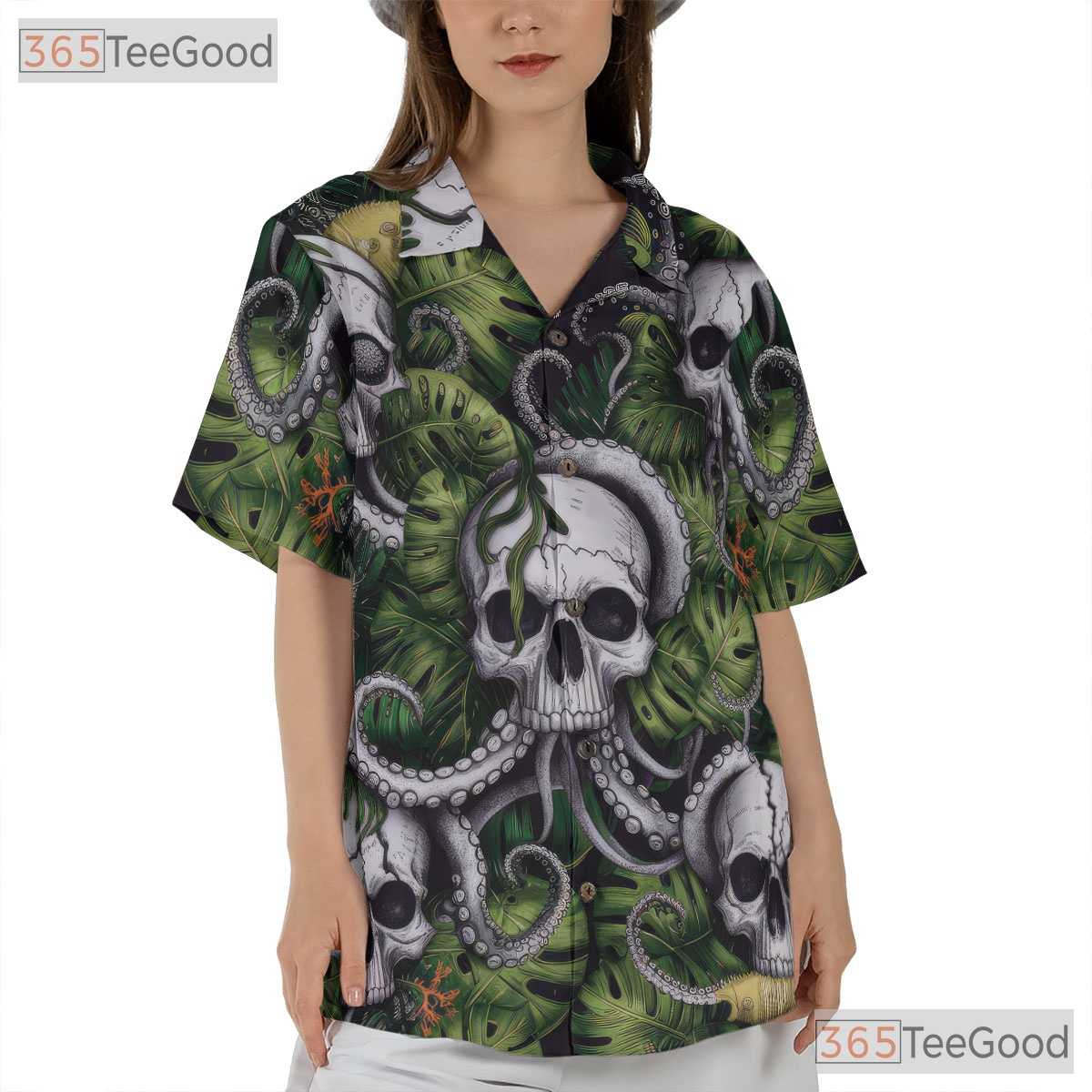 Gothic Skull Octopus Sea Monster Horror Print Hawaiian Tee Unisex Festival