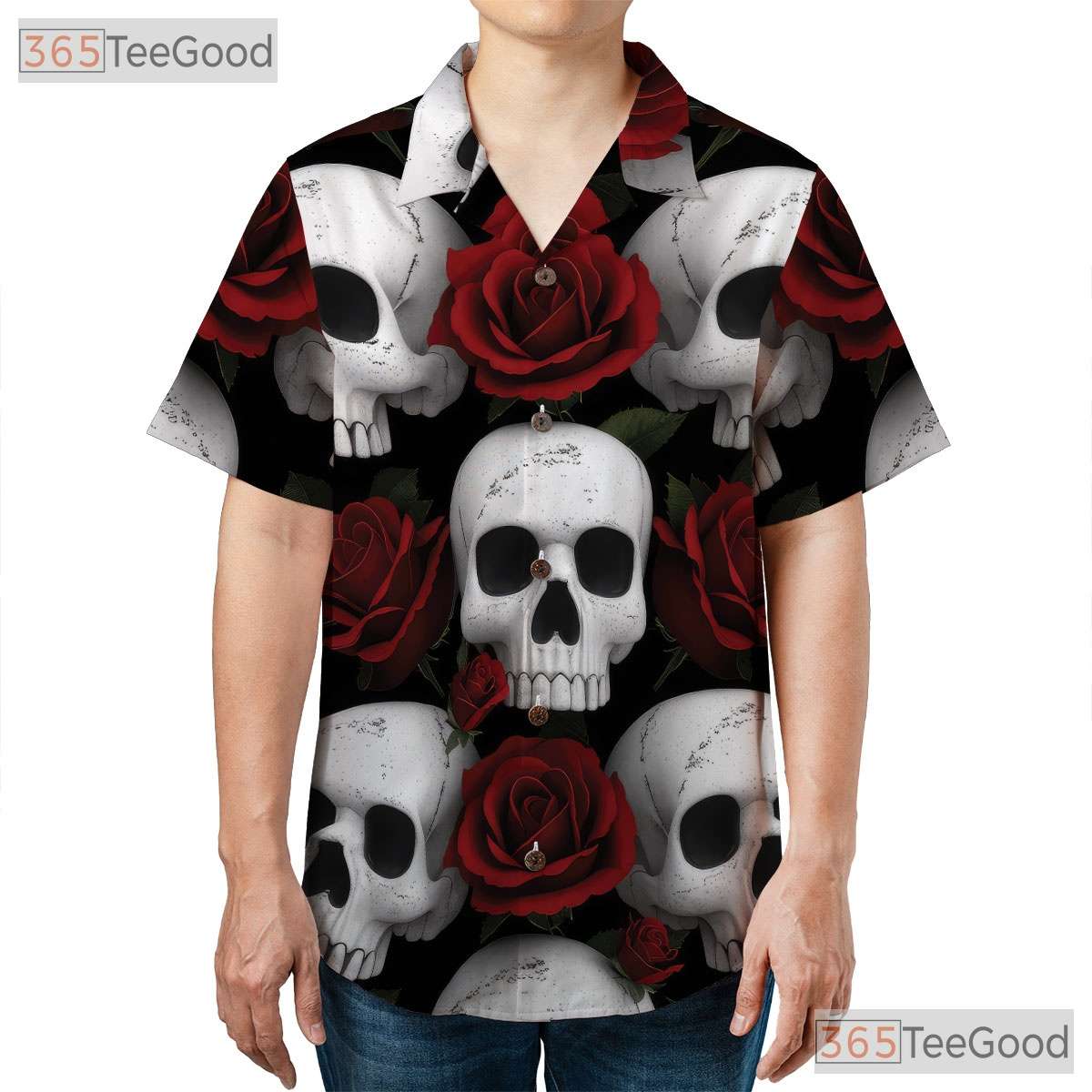 Gothic Skull Rose Hawaiian Shirt - Men's Punk Rock Grunge Dark Aesthetic