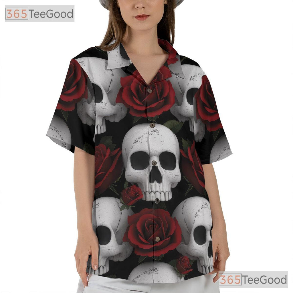 Gothic Skull Rose Hawaiian Shirt - Men's Punk Rock Grunge Dark Aesthetic