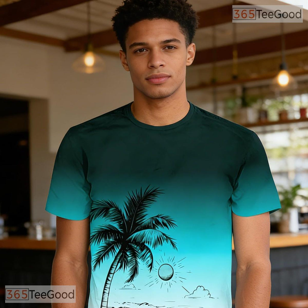 Tropical Gradient Palm Tree Sunset Graphic 3D Printed Casual Unisex Tee Shirts