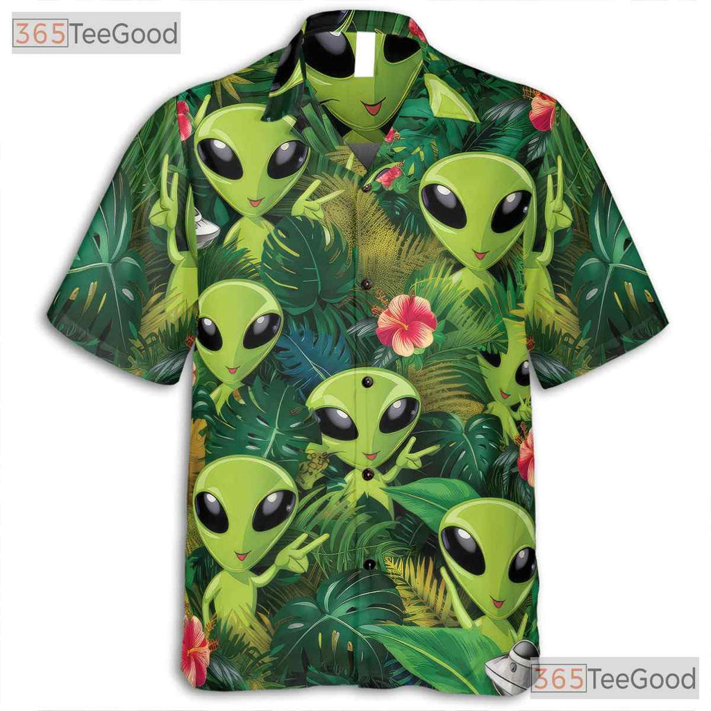 Green Alien UFO Jungle Hawaiian Shirt - Men's Extraterrestrial Tropical Tee