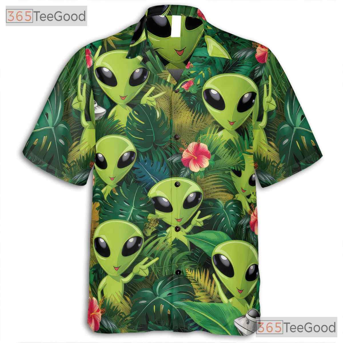 Green Alien UFO Jungle Hawaiian Shirt - Men's Extraterrestrial Tropical Tee