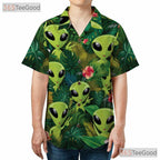 Green Alien UFO Jungle Hawaiian Shirt - Men's Extraterrestrial Tropical Tee